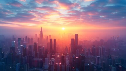 Breathtaking aerial view of a futuristic city skyline glowing at sunset with sleek skyscrapers and vibrant lights