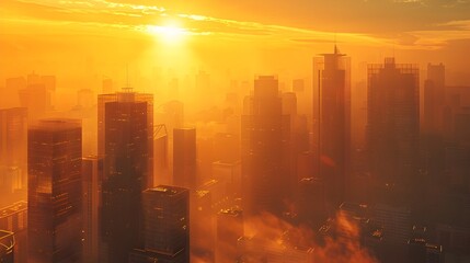 Fototapeta premium Majestic Dawn Over Towering Glass Cityscape Bathed in Golden Glow