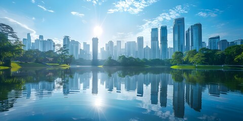 Obraz premium Serene Urban Lake Reflects Soaring Skyline of Towering Skyscrapers