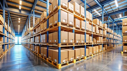 Rows of cardboard boxes labeled with shipping information and barcodes line the shelves of a modern, well-organized warehouse, ready for prompt order fulfillment and distribution.