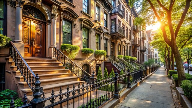 Row of historic brownstone townhouses with ornate stoops and ironwork, set amidst lush greenery, on a sun-dappled street in Manhattan's Upper West Side neighborhood.