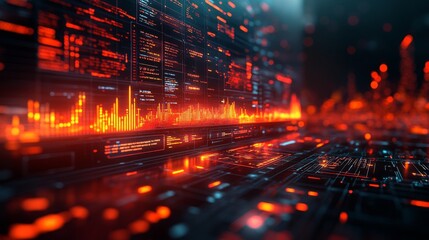 A digital interface projects visual data analytics, showcasing effects on various metrics in a vibrant, futuristic setting.