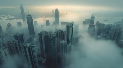 Skyscrapers Emerging from Misty City Skyline on Overcast Morning