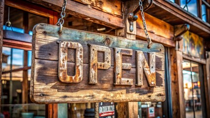 Fototapeta premium Rustic, distressed, and ornate, an old-fashioned open sign hangs crookedly from a vintage storefront, its faded letters and worn wood evoking a bygone era's charm.