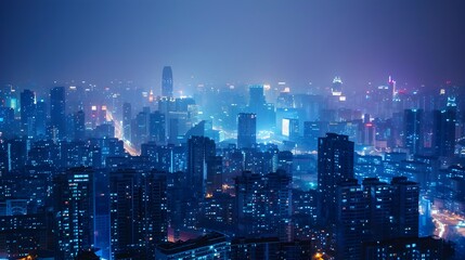 Captivating Nighttime City Skyline with Illuminated Skyscrapers and Twinkling Lights