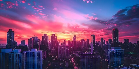 Fototapeta premium Vibrant Sunset Cityscape with Skyscrapers Silhouetted Against Colorful Sky