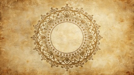 Rustic, ornate circle motif adorns a distressed, cream-colored vintage paper background, evoking a sense of nostalgia and classic, timeless elegance.
