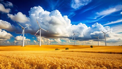 Rustic rural landscape with sleek wind turbines towering above golden wheat fields, set against a bright blue sky with puffy white clouds.