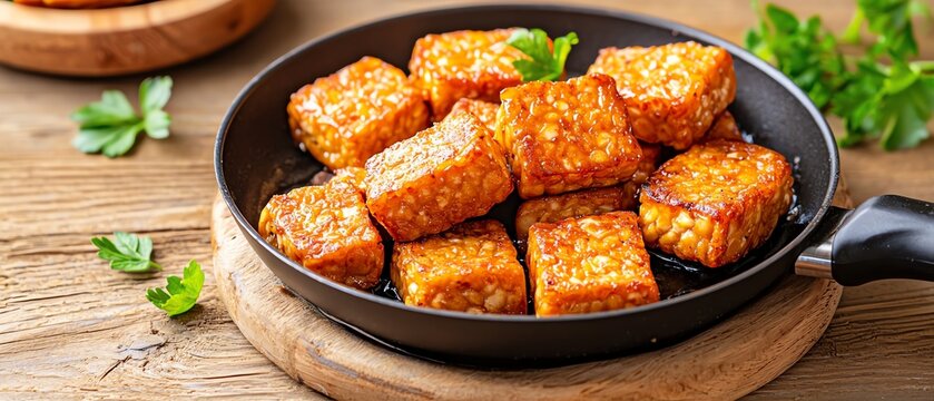 A detailed shot of tempeh being cooked in a pan, with a golden brown crust forming, emphasizing its probiotic benefits Probiotic-rich diet concept.