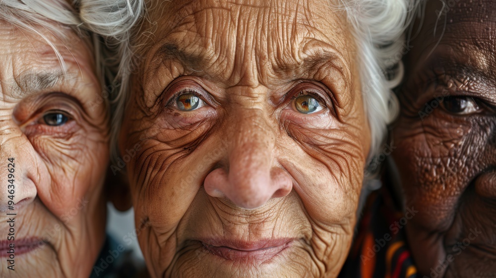 Poster three elderly men, each from different ethnic backgrounds, express serenity and wisdom, sharing year