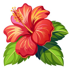 Vibrant Hibiscus Flower with Green Leaves Illustration - Illustrated image of a vibrant hibiscus flower with green leaves. Ideal for tropical themes, nature-inspired designs, and botanical projects.