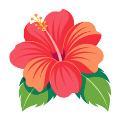 Vibrant Hibiscus Flower with Green Leaves Illustration - Illustrated image of a vibrant hibiscus flower with green leaves. Ideal for tropical themes, nature-inspired designs, and botanical projects.