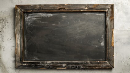 Dark blackboard with a rustic wooden frame on a light silver background, top view Ideal for educational concepts and presentations