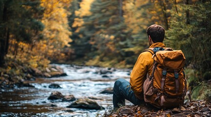Solo Traveler Contemplating Nature by a Mountain Stream