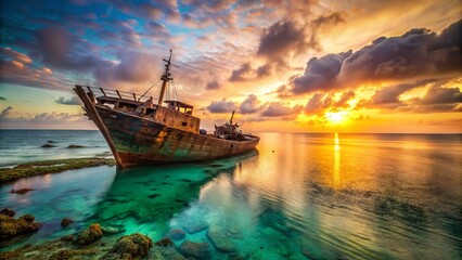 Obraz premium Rusty old shipwreck lies partially submerged in calm turquoise ocean water, surrounded by scattered debris and seaweed, with a subtle sunset glow in the background.