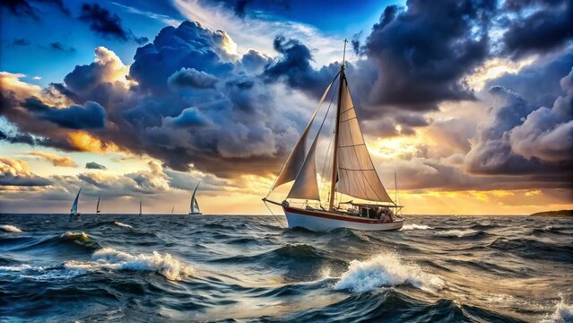 Sailboat navigates through choppy waters, its billowing sails harnessing wind energy, against a backdrop of dramatic, cloudy sky and vast, open ocean landscape.