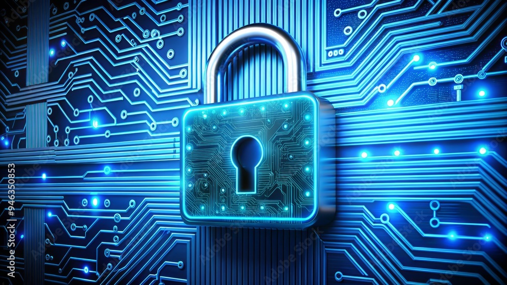 Poster secure digital lock with glowing blue password characters and circuit board patterns in the backgrou