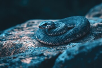 Fototapeta premium A close-up of a coiled snake resting on a rock in a tranquil environment, showcasing its detailed scales and natural habitat.