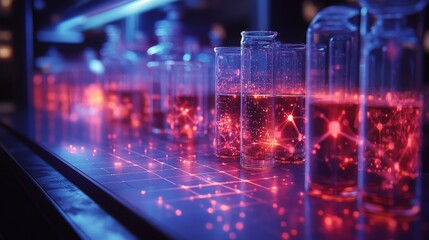 A holographic lab features glowing glass containers with vibrant liquids as scientists conduct innovative synthesis experiments at night.