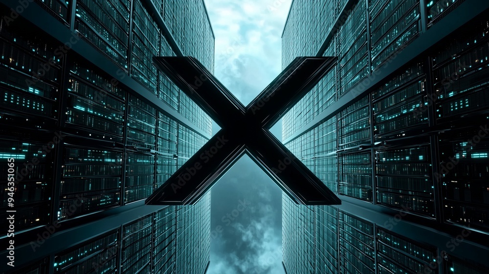 Poster x sign made of server racks, symbolizing compute power based on social media data.