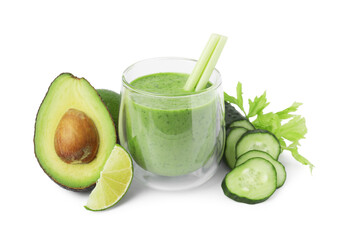 Tasty green smoothie in glass, cucumber, lime and avocado isolated on white
