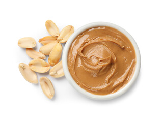 Tasty peanut butter in bowl and groundnuts isolated on white, top view