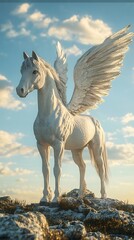 Obraz premium White Pegasus Standing on a Rocky Outcrop
