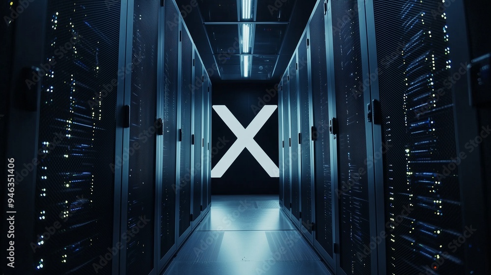 Poster server racks forming an x sign, symbolizing compute power from social media data.