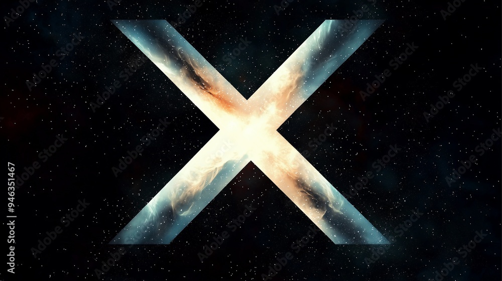 Poster a glowing 'x' symbol in a dark, cosmic background representing connectivity and intersection in the 
