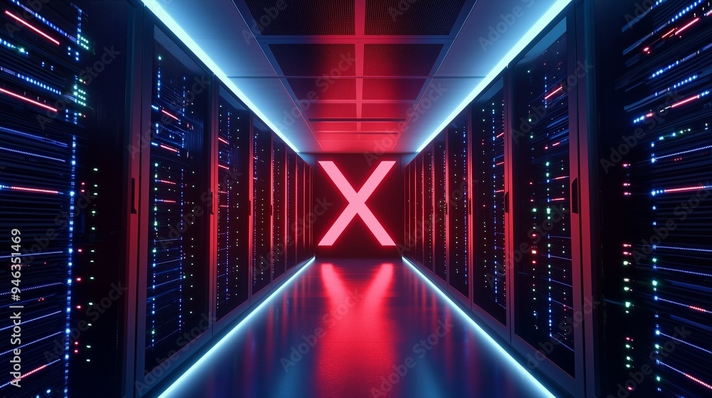 Aufkleber x sign made of server racks, symbolizing compute power based on social media data.