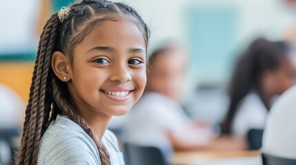 Biracial girl with braided hair smiles, sitting in a school classroom