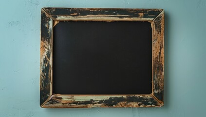 Dark blackboard with a rustic wooden frame on a light periwinkle background, top view Ideal for educational concepts and presentations