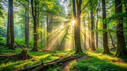 Fototapeta premium Serene forest landscape with diverse assortment of towering trees, vibrant green bushes, and rustic fallen branches surrounded by lush undergrowth and morning sunlight filtering through.