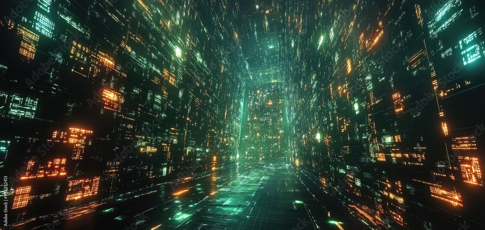 Poster explore a futuristic tunnel filled with glowing data streams, representing technology and innovation