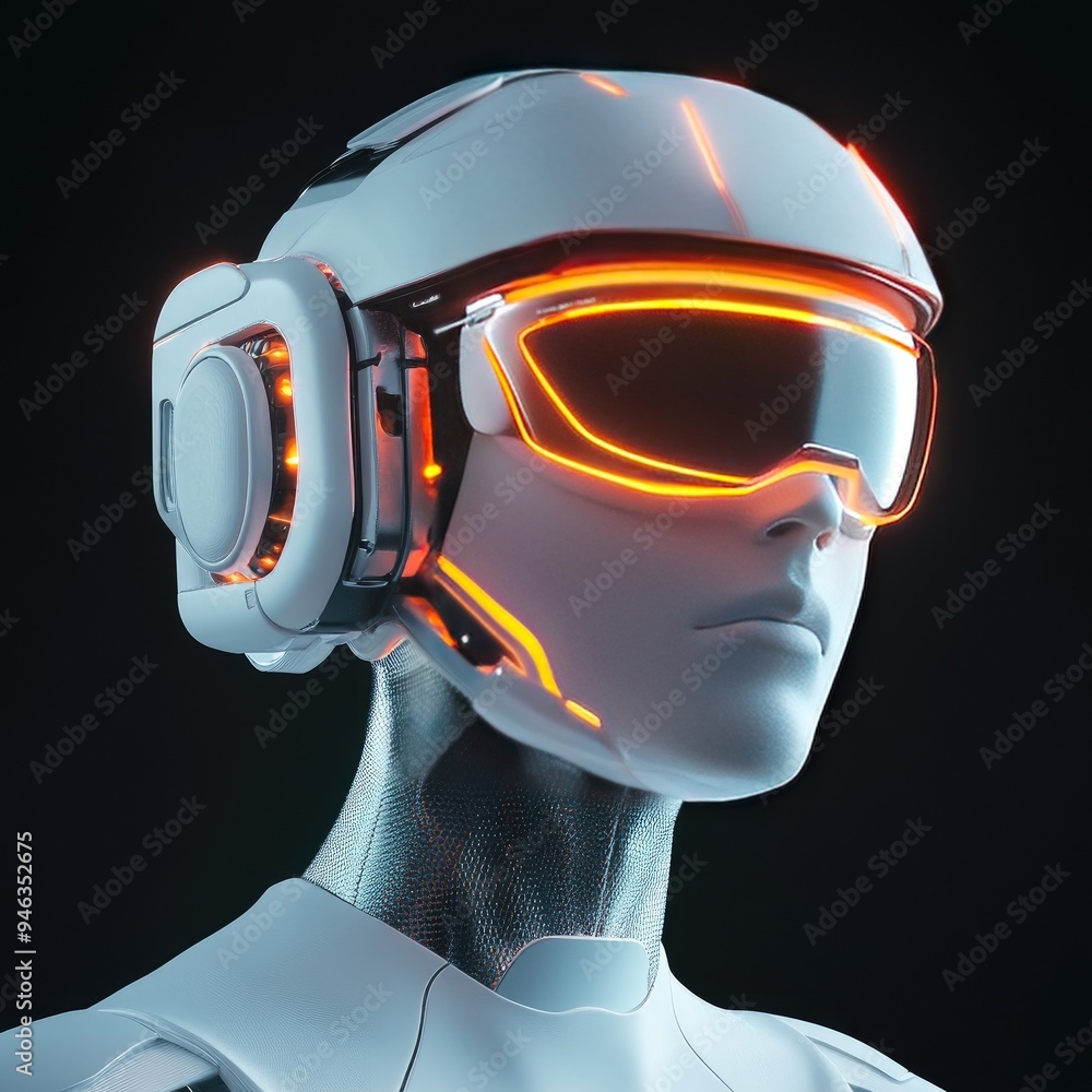 Poster futuristic robot with glowing visor and advanced technology. modern design showcasing artificial int