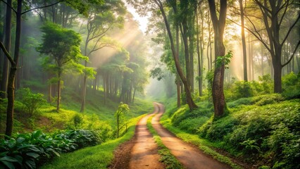 Fototapeta premium Serene landscape of a winding dirt path amidst lush green forests, with a subtle misty atmosphere, evoking a sense of peacefulness and wellness through outdoor activity.