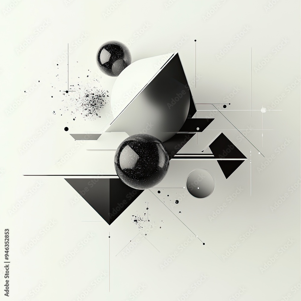 Poster monochromatic abstract composition featuring geometric shapes and spheres, creating a modern and min