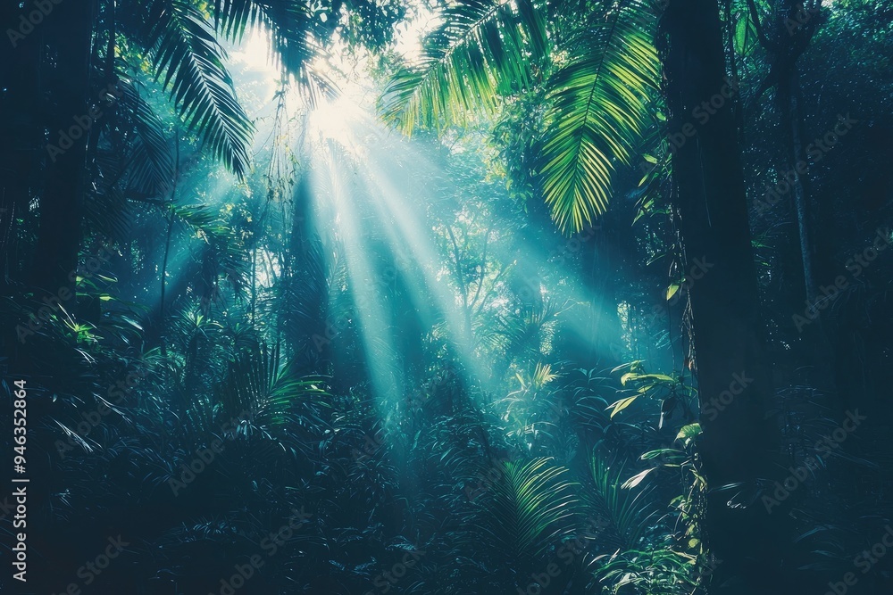 Poster serene forest scene with sunlight streaming through lush foliage, creating a tranquil and mystical a