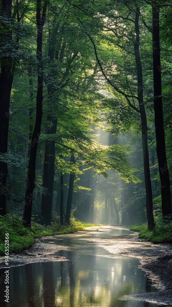 Poster serene forest scene with sunlight streaming through trees, reflecting in the calm water, creating a 