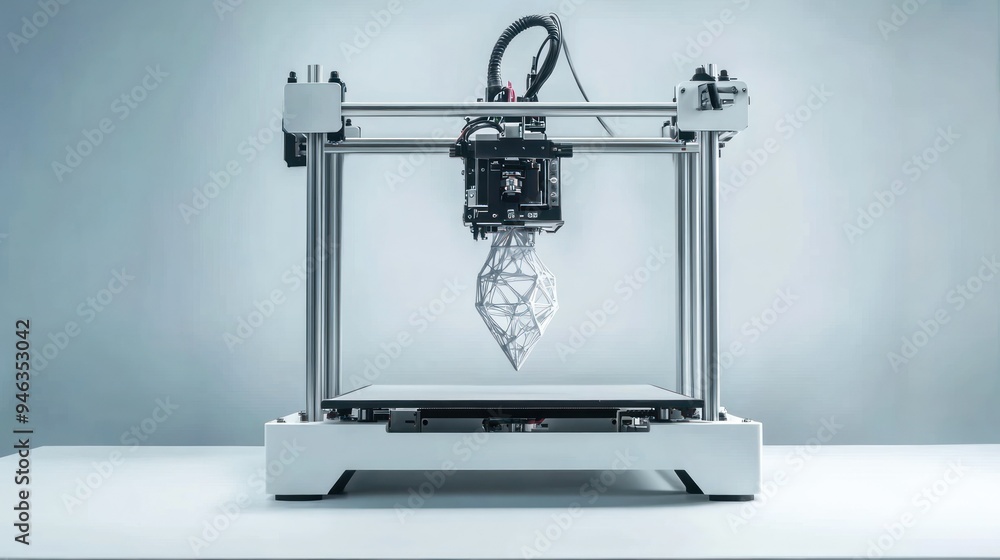 Poster 3D Printer Creating a White Geometric Object