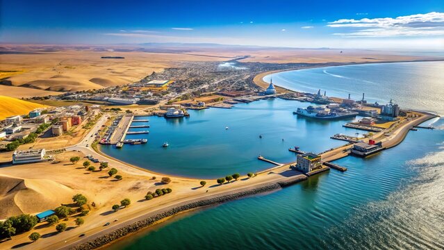 Serenely majestic Walvis Bay port surrounded by rugged Namib Desert landscape, with vast expanse of calm Atlantic Ocean waters reflecting endless blue sky.