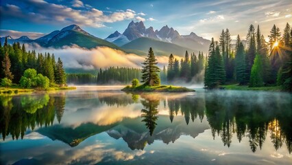 Serene morning scene of a calm lake reflecting majestic mountains and lush green forests, surrounded by misty fog, creating a peaceful atmosphere.