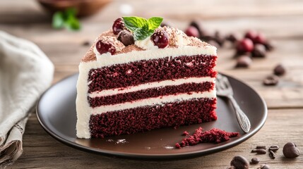 Delicious Red Velvet Cake with Cream and Cherries