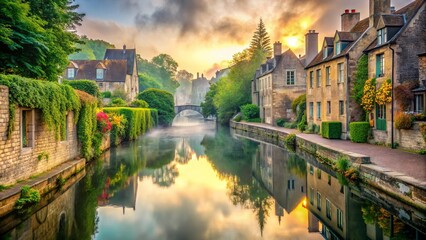 Obraz premium Serene morning scene of a tranquil European canal, lined with ancient stone buildings and lush greenery, reflecting the misty atmosphere in its calm waters.