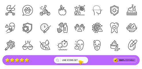 Face scanning, Clean hands and Dumbbell line icons for web app. Pack of Sick man, Leaf dew, Night cream pictogram icons. Dental insurance, Coronavirus, Pets care signs. Tanning time. Vector