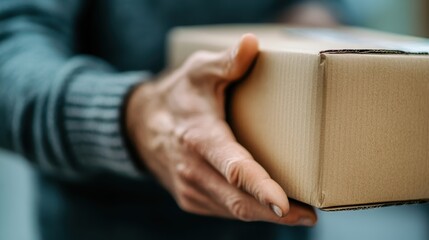 Obraz premium The image depicts a person's hand holding a cardboard box against a background that features the person's sweater, symbolizing delivery or receiving of a package with care.