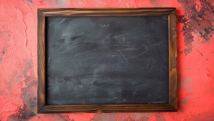 Dark school blackboard with a wooden frame on a neon coral background, providing ample space for creative educational designs