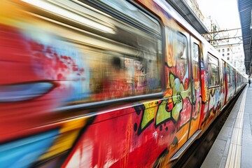 Obraz premium Graffiti-Covered Train in Motion