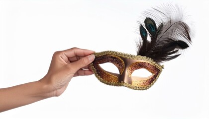 Hand holding beautiful of carnival mask with feather isolated on a white background.