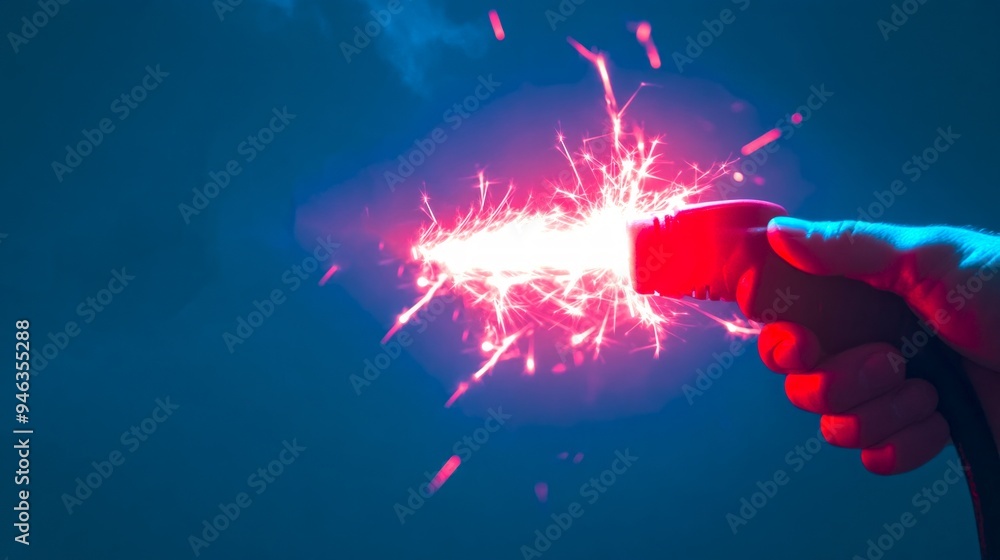 Poster a hand holds a tool emitting bright red sparks against a dark background. this captivating image sho